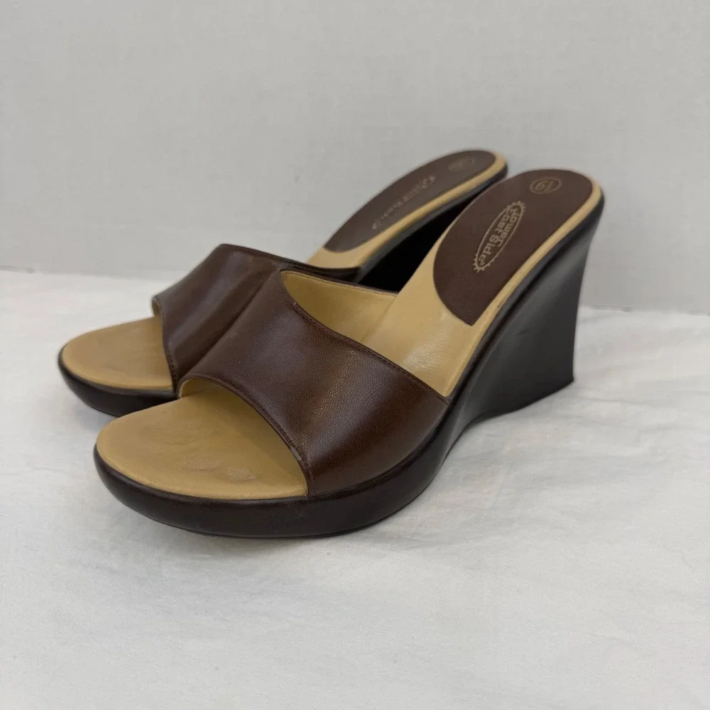 Y2K Lower East Side Brown Wedge Sandals Platform Slide Heels Vintage Womens 6.5